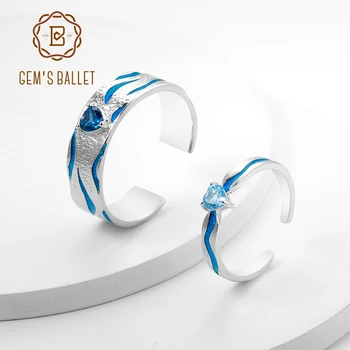 

GEM'S BALLET Natural Blue Topaz Couple Ring 925 Sterling Silver Enamel Adjustable Open Ring For Women Man Wedding Fine Jewelry