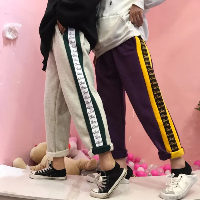 Neploe Harajuku, уличная одежда, Ретро стиль, длинные штаны, контрастные по бокам, цветные, с буквами, брюки для отдыха, для женщин и мужчин, флисовые прямые штаны, 55609