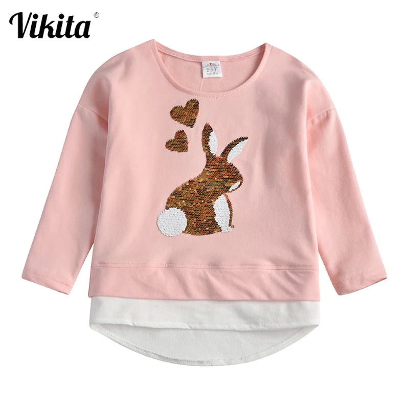 

VIKITA Girls Sequins T shirt Children Rabbit Cartoon Tees Kids Autumn 100% Cotton Long Sleeve Tops Casual Wear Kids Clothing