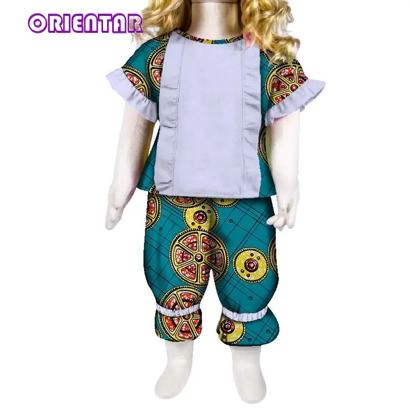 

2 Pieces Sets Kids Short Sleeve Tops and Pants African Wax Print Pants Set for Children Bazin Riche African Clothes WYT185