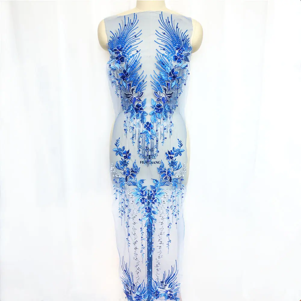 

1 Set Royal Blue Lace Fabric Flower Tassel Beads Rhinestone Embroidered Wedding Gown Appliques Sew Patch For Dress DIY Decor