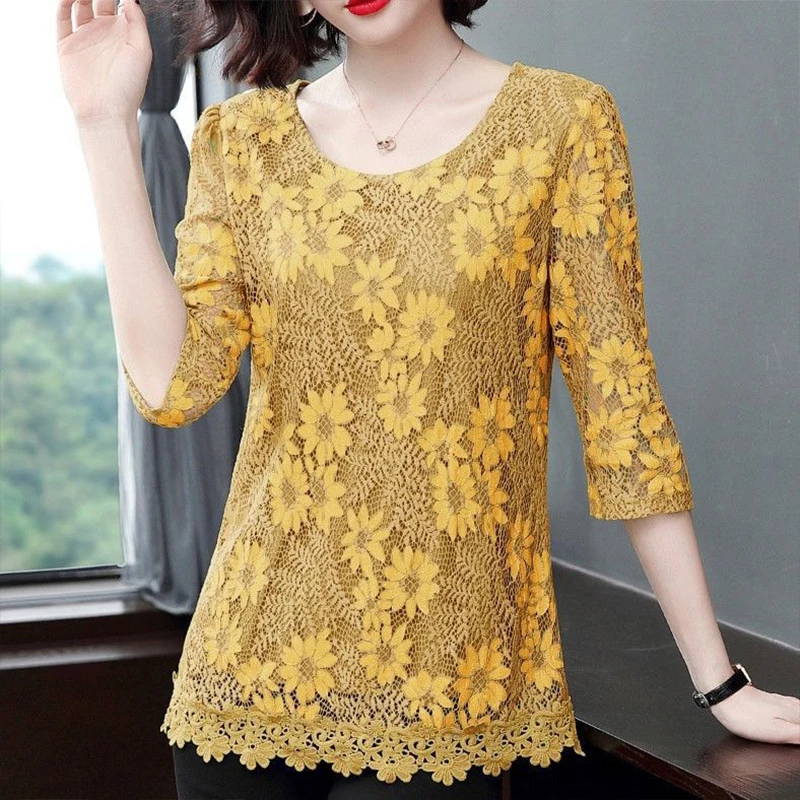 Blusas de Renda Oco para Fora Primavera Verão Estilo Feminino Camisa Feminina O-pescoço Bordado Manga Longa Impresso Elegante Tops Sp8740 3 Blusas e Camisas
