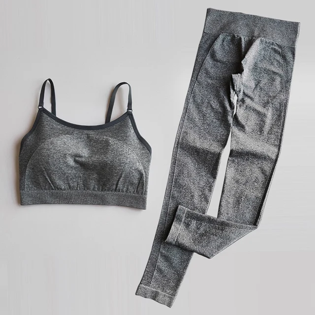 Gray set Комплект из 2 предметов для йоги, костюм для бега, одежда для спортзала, фитнеса, женский спортивный бюстгальтер+ бесшовные леггинсы, спортивные костюмы для тренировок, женская спортивная одежда - Цвет: Gray set