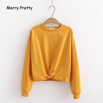 

Merry Pretty Women'S Knotted Hem Solid Crop Hoodies Sweatshirts 2019 Winter Long Sleeve O-Neck Casual Hoodies Harajuku Pullovers