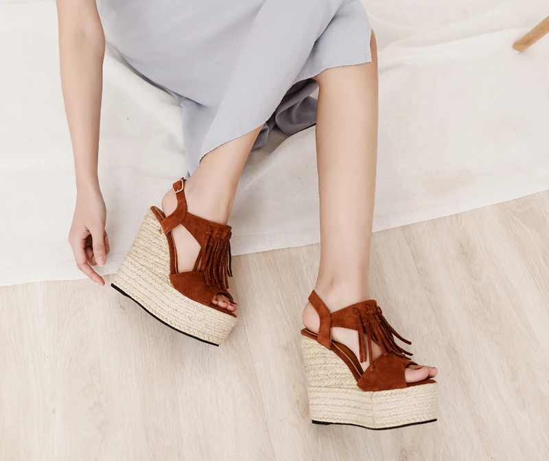 new ultra high heel wedge sandals waterproof platform muffin thick bottom Roman tassel women's sandals small size shoes 32