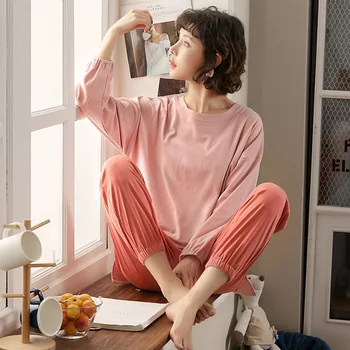 

Pink Yellow FallSweet Solid Color Women Pajamas Set Pajamas for Women Loose Cotton Ladies Sleepwear Homewear