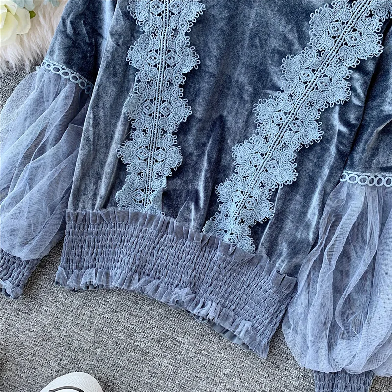 2019 осенний кружевной элегантный зимний пуловер с рукавами фонариками сетчатые