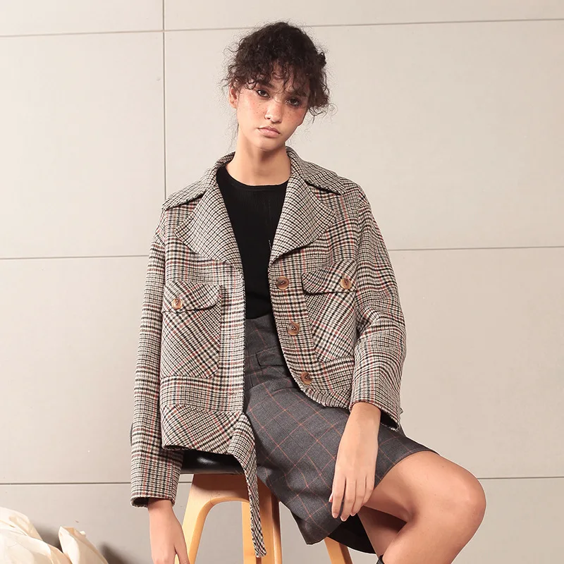 

[Xuan di] Duffle Coat Women's 2019 Autumn Wool Overcoat Short England Plaid Slim Fit Woolen Jacket Women's