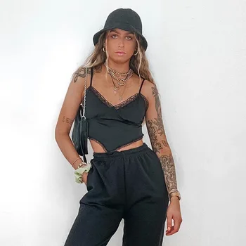 

Women's fashion sexy open back lace up Satin V-neck suspender vest Top with straps Tank tops women's