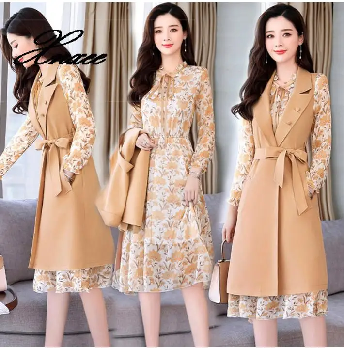 

Xnxee Two pieces sets 2019 Spring Autumn Women Long Sleeve Vest+floral chiffon dress Lady korean style sweet coat suits