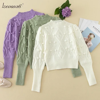 

LEOSOXS Solid Pullover Sweater Women Twist Dot Embroidery Chic Tops O Neck Knitted Sweaters Lady Long Sleeve Office Pull Femme