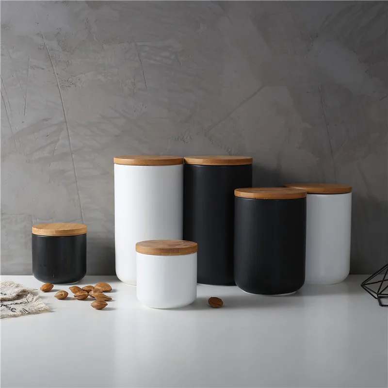 

Multi-functional Delicate Ceramic Storage Tank Wood Cover Kitchen Food Coffee Tea Seasoning Sealed Storage Bottle Various Sizes
