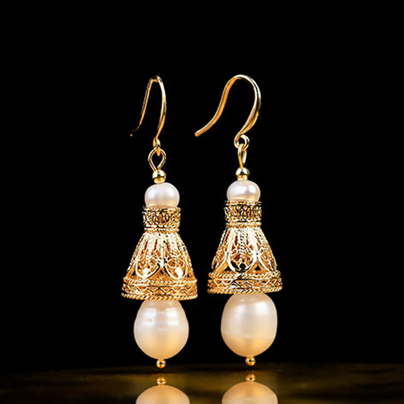 Vintage Freshwater Pearl Indian Jhumka Jhumki Drop Earrings Women Gold Color Long Chain Wedding Party Jewelry Gifts Accessories | Украшения