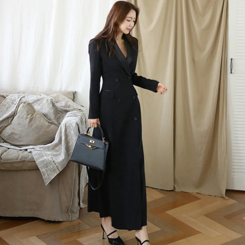 

Autumn Notched Maxi Long Blazer Women Black Cloth Double Breasted Solid Ankle-Length Casual Coat Outwear