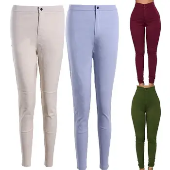 

Fashion Lady Solid Color High Waist Button Causal Pants Pencil Trousers