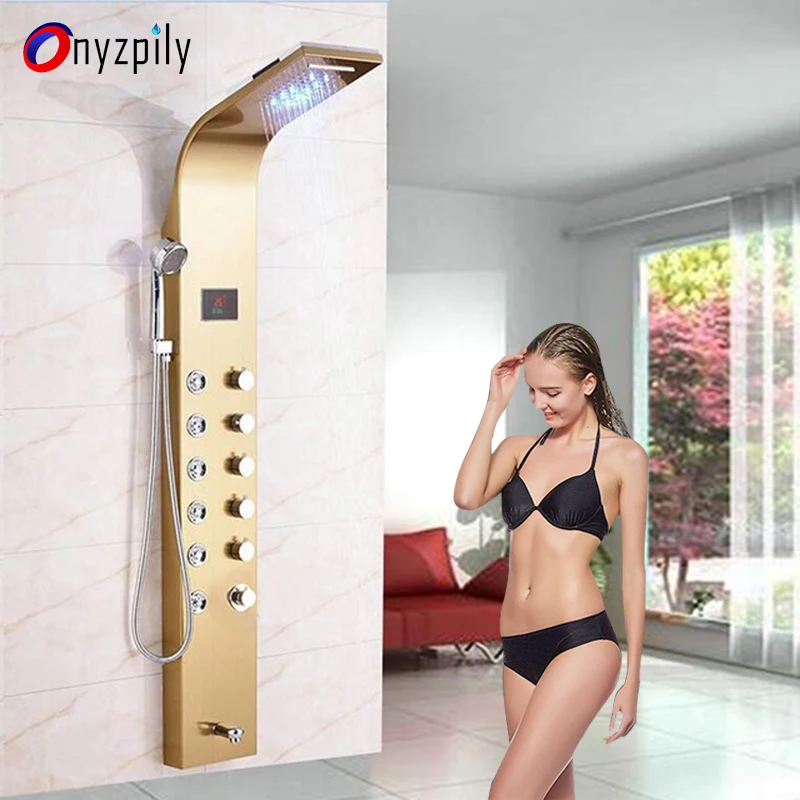 Onyzpily душевая панель Золотой душевой набор с цифровые, со светодиодом температура экрана смеситель душевой колонны ducha душева панель