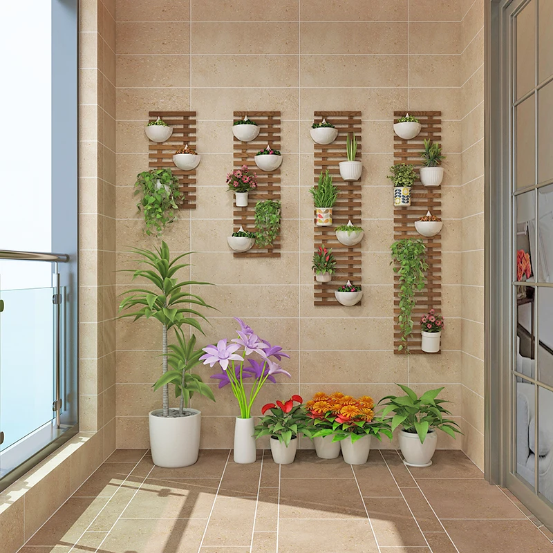 Balcony flower rack hanging solid wood hanging Outdoor flower pot rack anti-corrosion wood wall wall