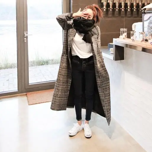 women long coat long sleeve winter spring plaid pockets jacket coats slim turn down collar tweed coat femme clothing DF243