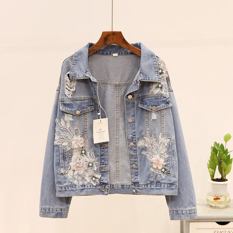

Autumn New Fashion Beading Embroidery Flower Holes Washed Denim Jacket Coat Women Large Size Loose Casual Student Jeans Jacket