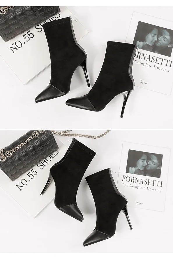 Ботильоны на молнии; женская модная обувь на высоком каблуке; Лоскутные ботинки с острым носком; зимняя обувь; Zapatos De Mujer; цвет черный, серый, бежевый, абрикосовый