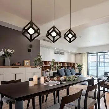 

E27 Bulb Cage Guard Ceiling Pendant Square Shape Cover Shade Light Cafe W/Cable