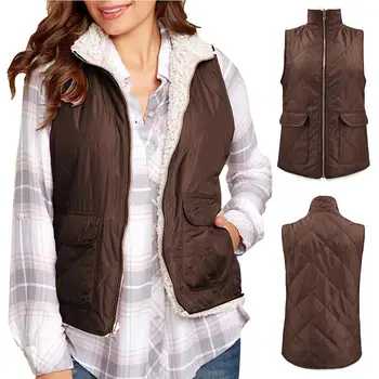 

Women Winter Stand Collar Plushy Lining Zipper Warm Vest Reversible Waistcoat suitable for casual wear dating office