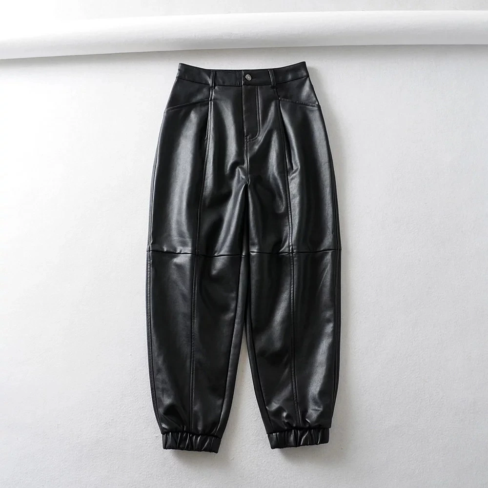 Зимние брюки из искусственной кожи женские свободные шаровары женские брюки для бега винтажные офисные карманы брюки из искусственной кожи уличная - Цвет: Черный