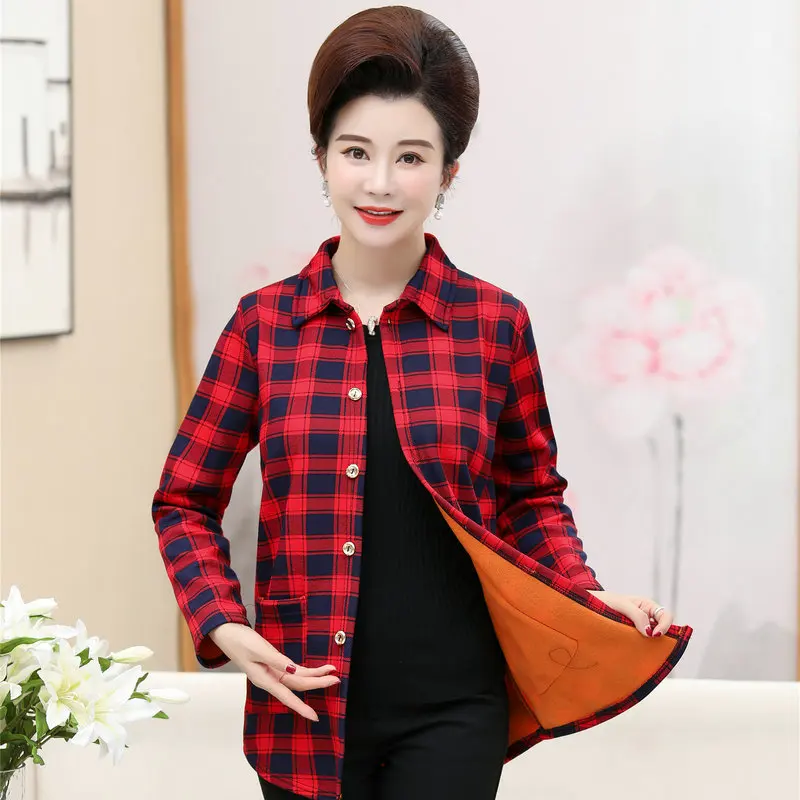 

Women Casual Thick Fleece Shirts Early Winter Warm Plain Pattern Thicken Blouses Female Cotton Turn Down Collar Tops Red Purple