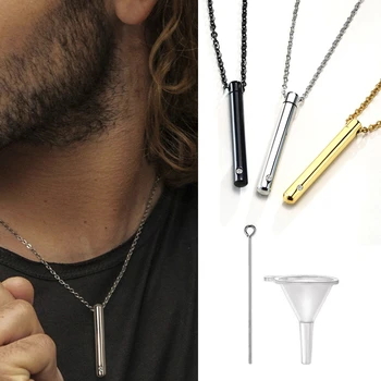 

URN NECKLACE VERTICAL BLACK CZ STONE LINEAR ASHES BAR PENDANT FOR MENS UNISEX STAINLESS STEEL MEMORIAL JEWELRY
