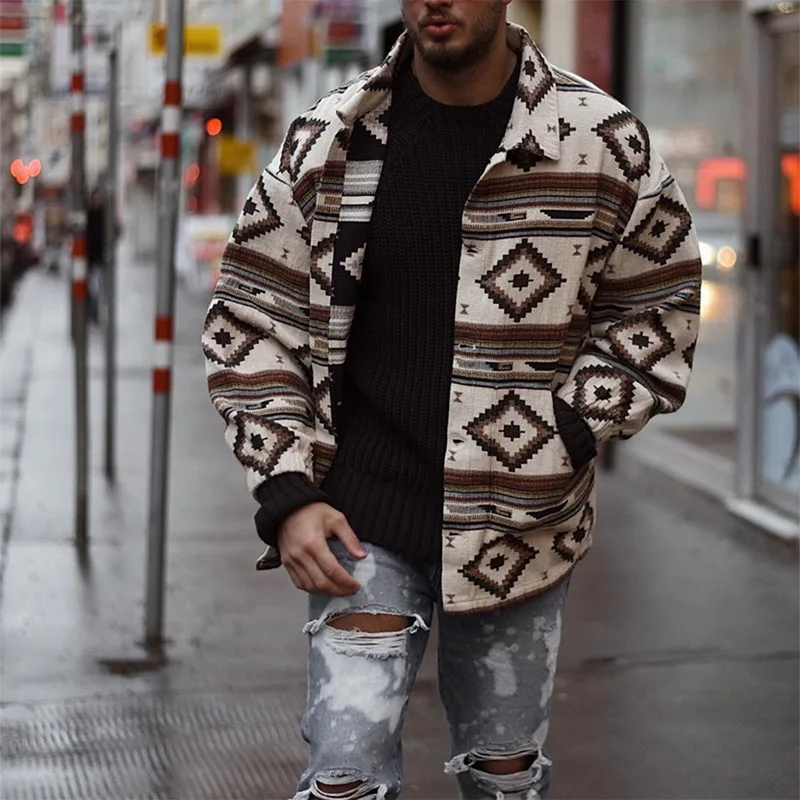 

2020 Autumn Winter Men Coat Argyle Printed Slim Long Single-breasted Stand Collar Wool Coat Male Winter Streetwear Cool Jacket