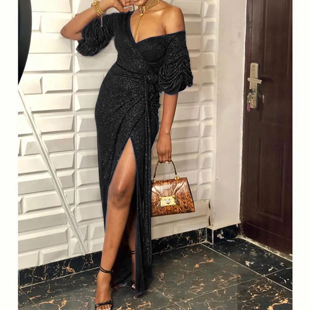 Женское вечернее платье плиссированное длинное с рукавами и блестками открытыми