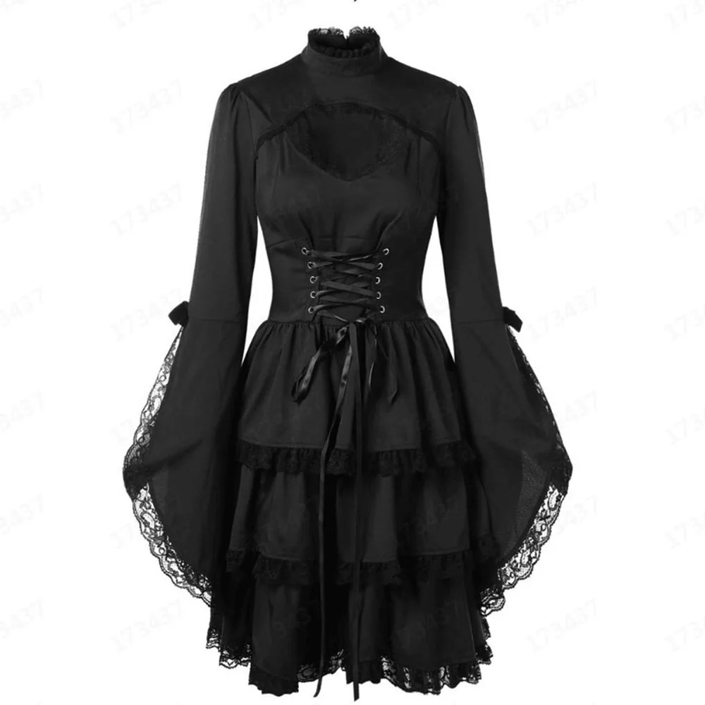 

Fall Dark Palace Style Retro Lace Hollow Gothic Dresses Flare Sleeve A-Line Knee-Length Party Dresses Spring Lace-Up Vestidos