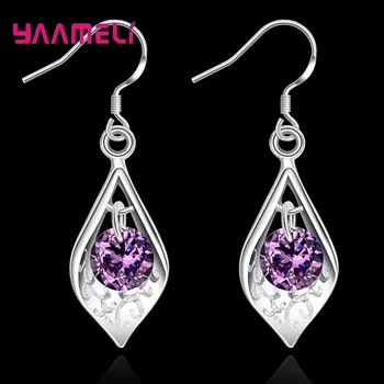 

925 Silver Women Hook Drop Earring Purple CZ Zircon Water Drop Fashion Jewelry Round Crystal Ladies Ear Decoration