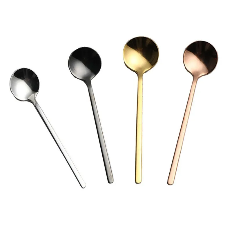 

1PC 304 Stainless Steel Spoon Round Head Dessert Coffee Spoon Korean-Style Gold-Plated Stirring Solid Color 15cm Black Spoons
