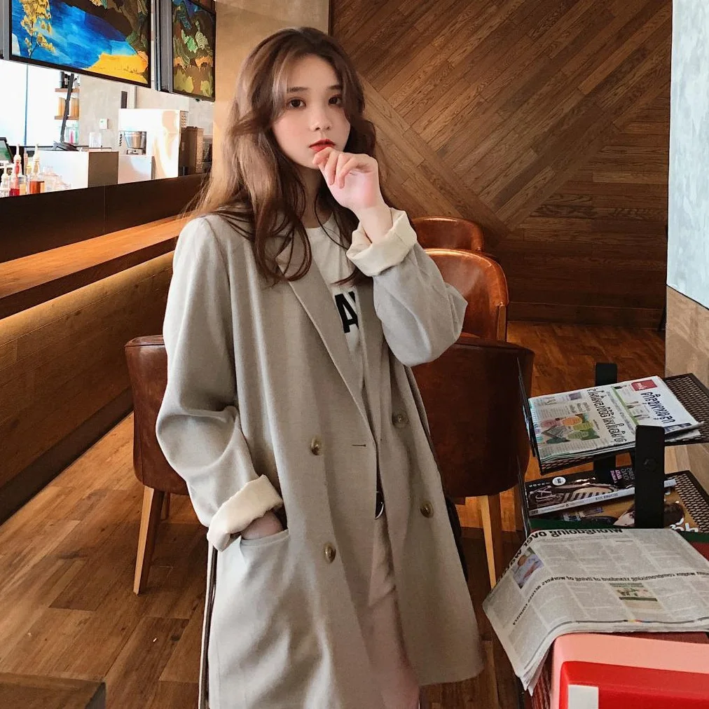 

2019oversize Light Gray Double Breasted Mid-length Waist Hugging Lace-up Ol Loose-Fit Suit Jacket Women's Early Spring Clothing