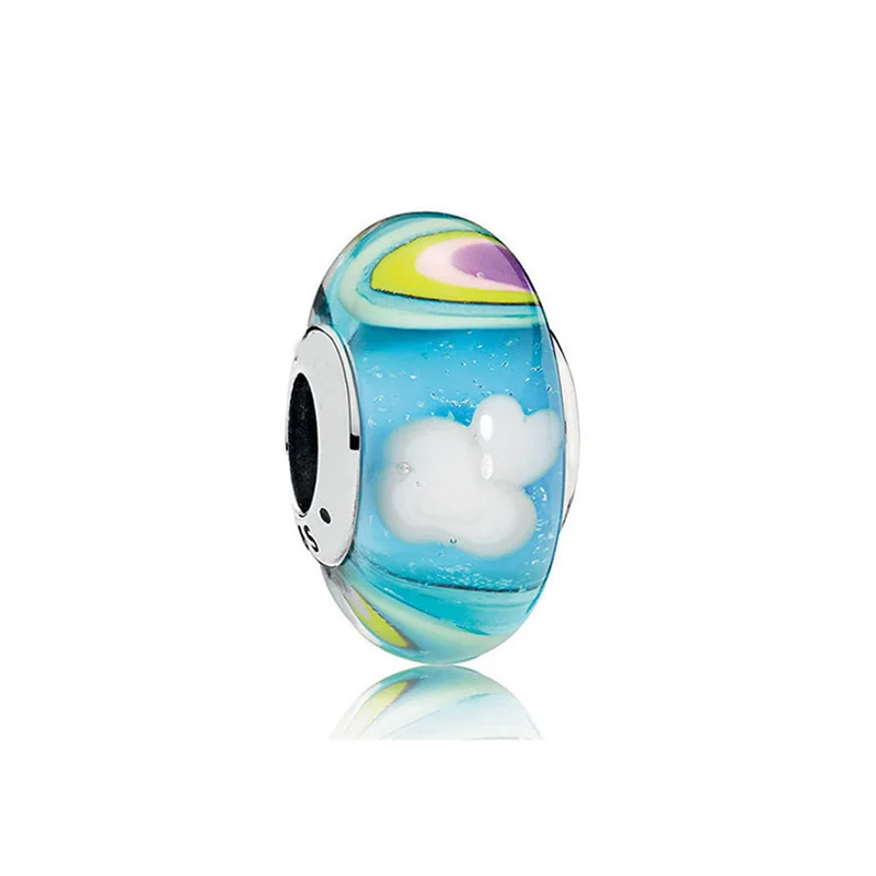 Real 925 Sterling Silver Bead Iridescent Rainbow Murano Glass Charm Fit Fashion Women Pandora Bracelet Bangle Gift DIY Jewelry | Украшения