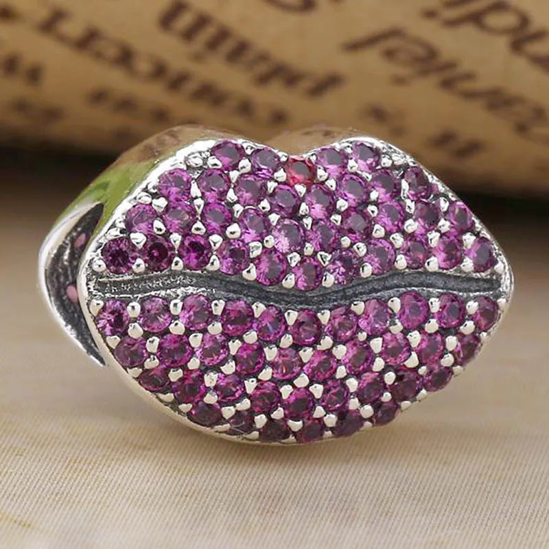 

New 925 Sterling Silver Charm Kissable Red Lips Kiss More With Crystal Bead Fit Original Bracelet Necklace DIY Jewelry