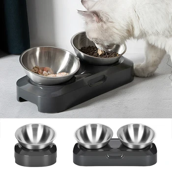 

Non-slip Stainless Steel Pet Cat Double Bowl With Raised Stand Pet Food Water Bowls For Cats Dogs Feeders Bowl Easy Clean Tool