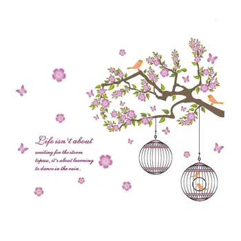 

Romantic Pink Flower Tree Wall sticker Bird Cage Butterfly Home Decor Art Stikers Muraux Bedroom Removable Decor