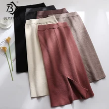 Новинка весны, Женская плиссированная прямая трикотажная юбка с высокой талией, Повседневная модная женская юбка миди с разрезом, B9D406S