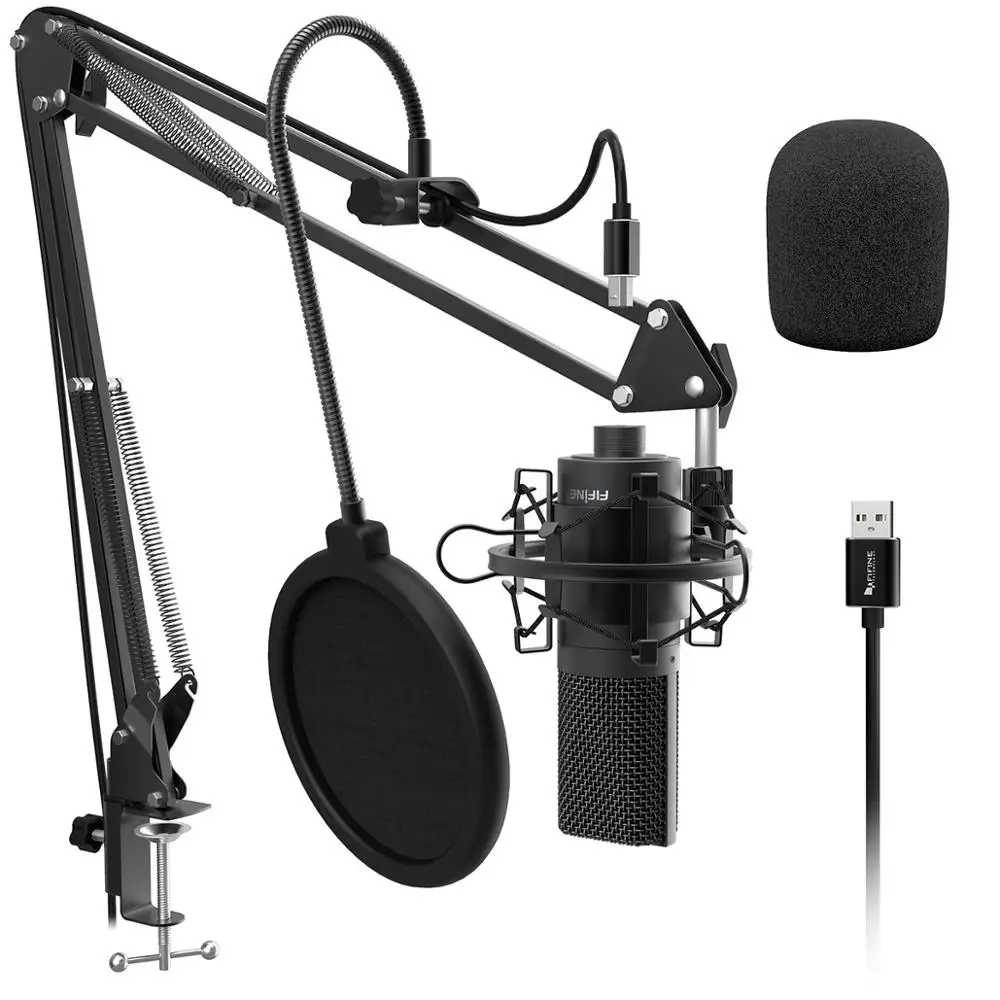 Fifine USB PC Condenser Microphone with Adjustable desktop mic arm shock mount for Studio Recording