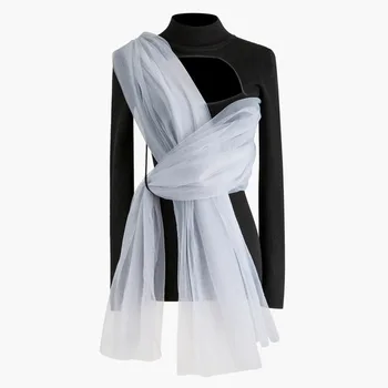 

iMucci 2020 Turtleneck Women Blouses Long Sleeve Split Joint Personality Lace Vintage Style Knitting Female Shirt Tide TM1164