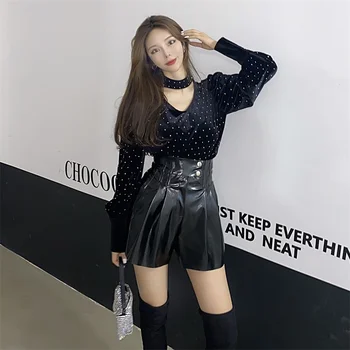 

COIGARSAM Vintage blouse women V-Neck blusas womens tops and blouses Black Top Leather Pants 8106