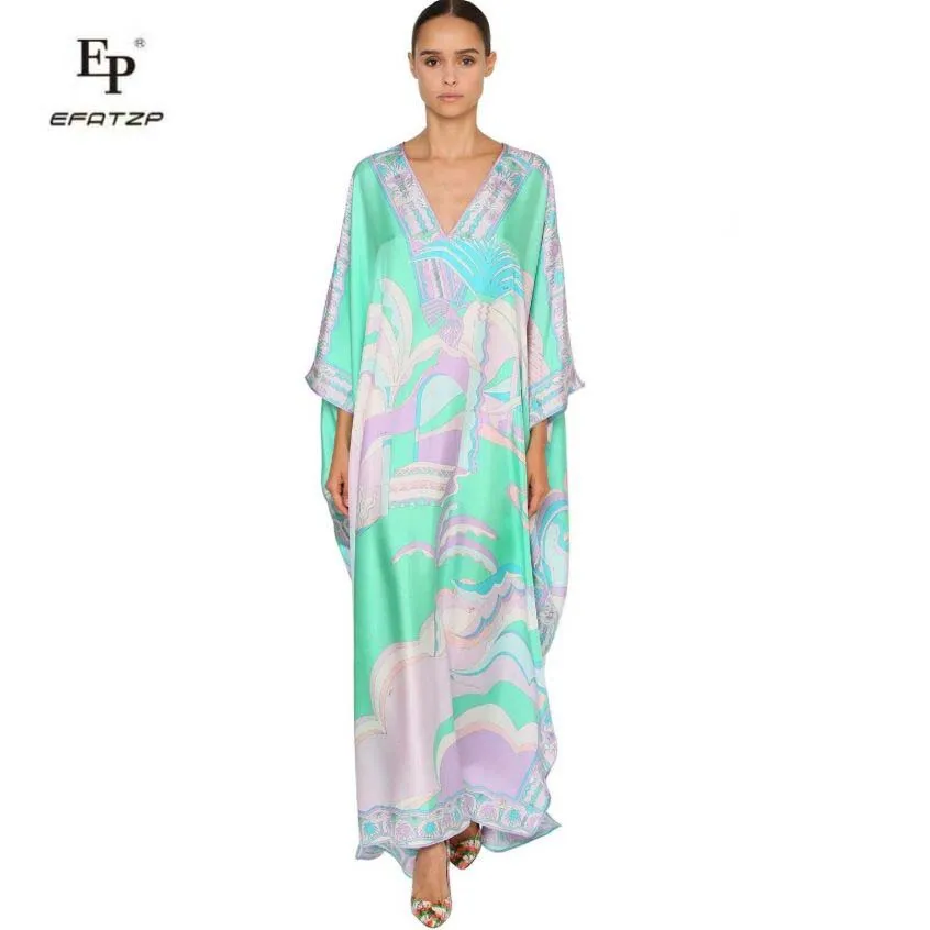 

EFATZP 2022 New Signature Dress Women's V-neck Printing Fashion Elastic Knitting Loose Casual Silk Jersey Long Dress