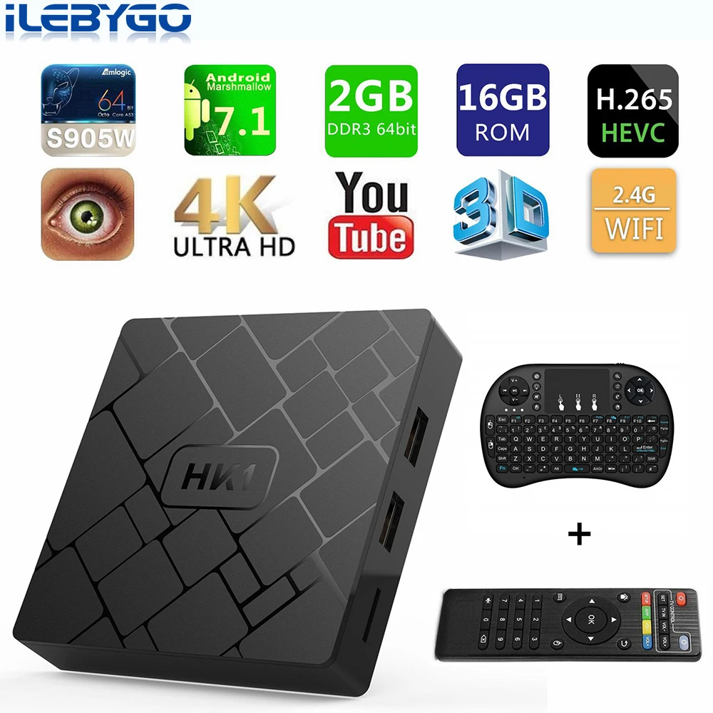 Ilebygo Smart Android tv BOX Amlogic S905W 2 Гб 16 Гб 4 к 7,0 ОС телеприставка 2,4 ГГц Wifi медиаплеер приемник Play store