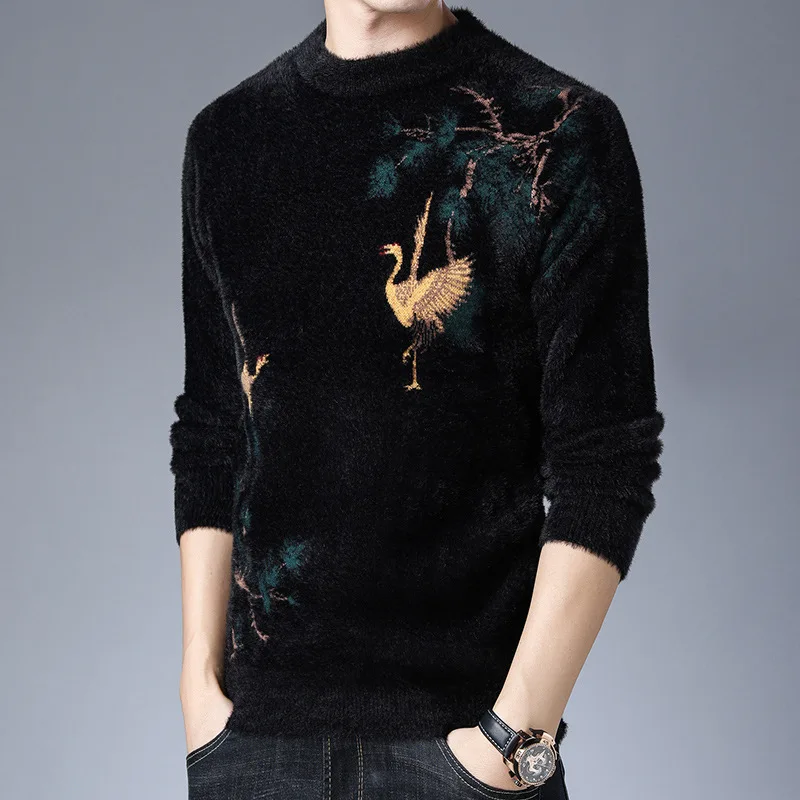 Chinese Style Crane Pattern Sweater Men Fashion Casual Pullover Winter Quality Velvet Soft Comfortable Knitted Luxury Pull Homme 2