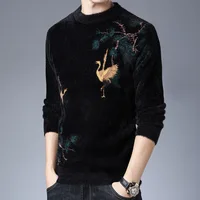 Chinese Style Crane Pattern Sweater Men Fashion Casual Pullover Winter Quality Velvet Soft Comfortable Knitted Luxury Pull Homme 2