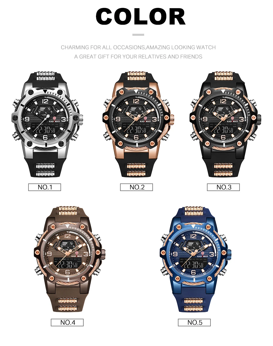 Топ люксовый бренд Kademan мужские спортивные часы с резиновым ремешком светодиодный двойной дисплей модные армейские кварцевые часы