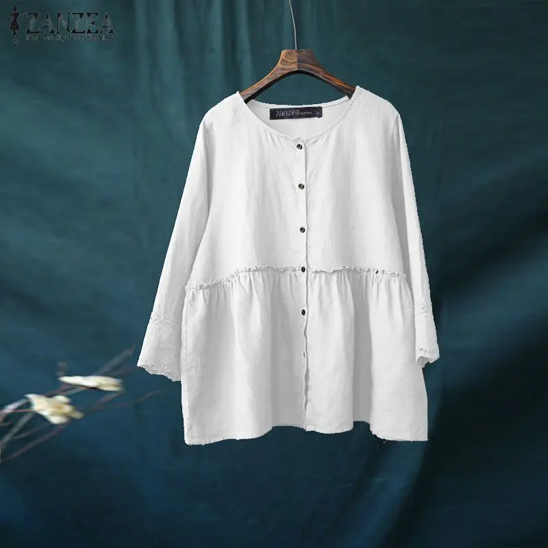 ZANZEA Solid Cotton Linen Blusas Women's Blouse Summer 3/4 Sleeve Lace Crochet Shirt Elegant Buttons Down Tops Ruffles Chemise
