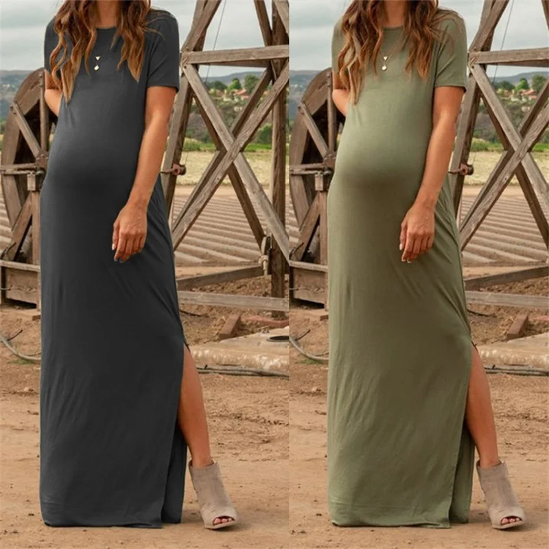 New for pregnant women Pregnant women open solid color short-sleeved dress loose long dress fancy clothing sexy hotel del luna